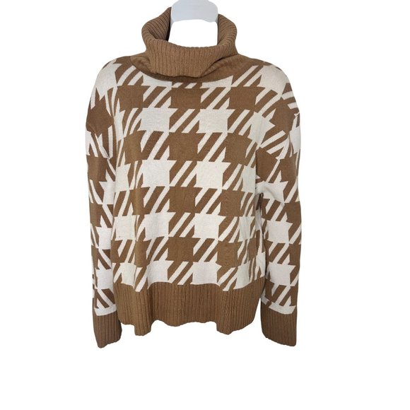 Houndstooth Pattern Turtleneck Sweater In Tan & White Medium By Laundry By Shell - Picture 1 of 8